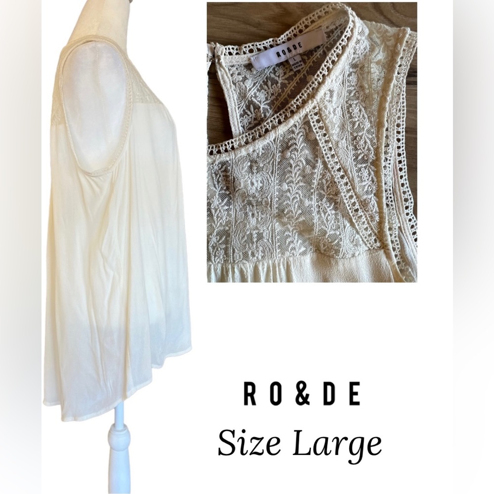 RO & DE Ivory Sleeveless Hi-Low Blouse with Embroidered Lace Top / Size Large